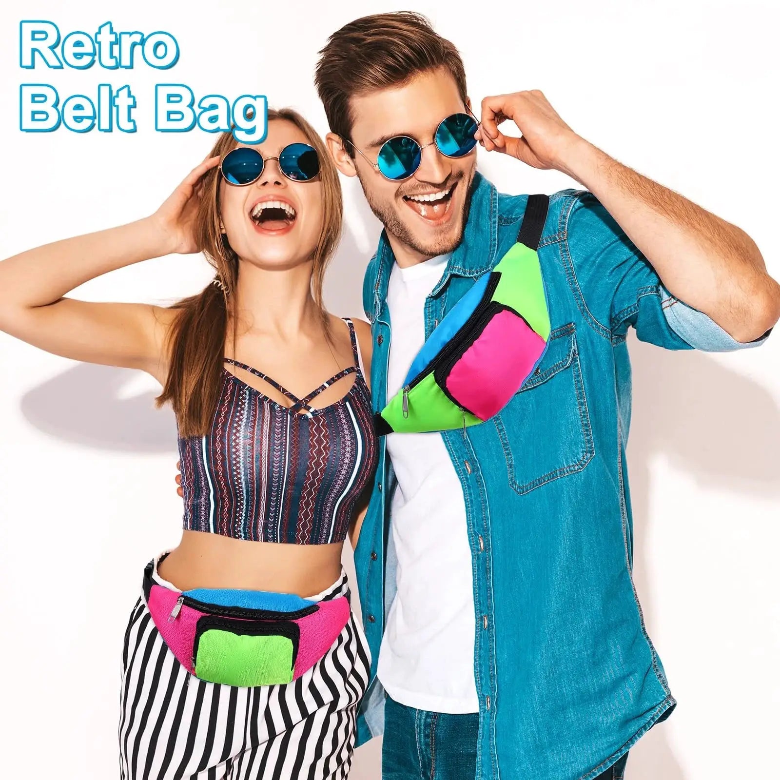 Fanny packs by Simples Market; two neon color-block waist bags in pink and lime with black zippers.