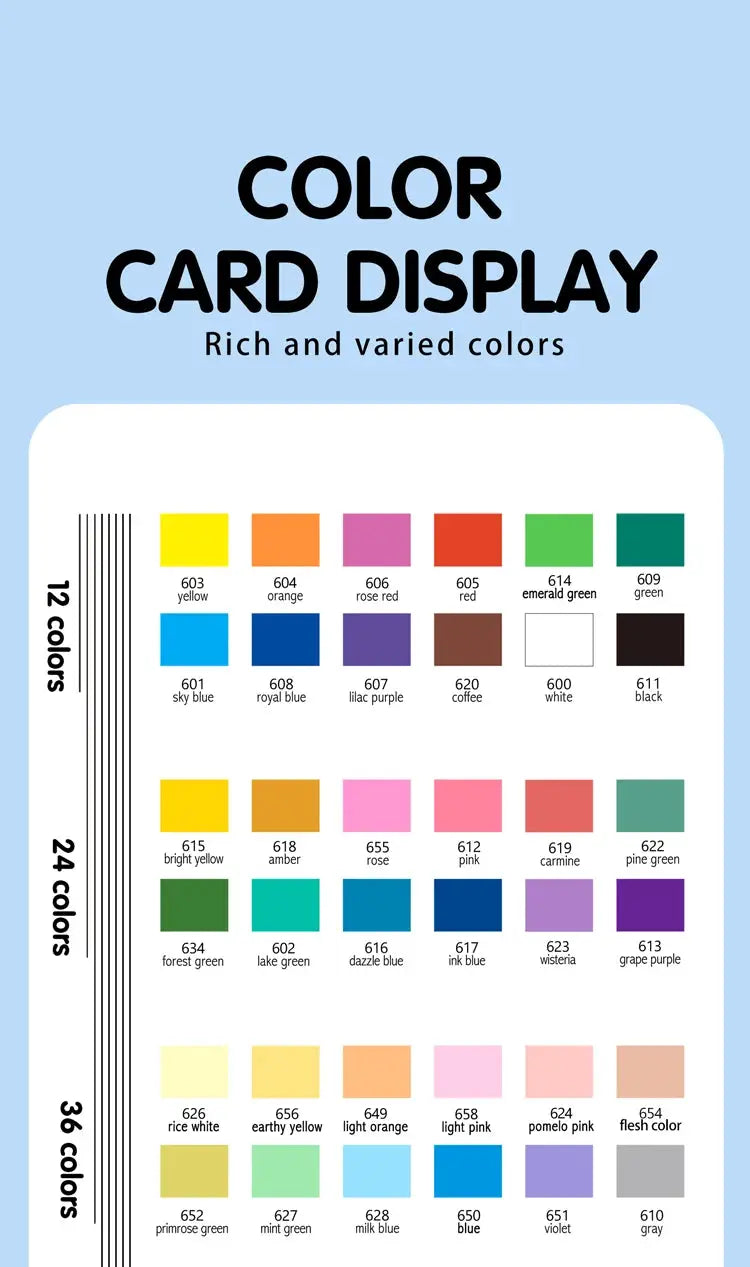 Marker pens color card display for waterproof acrylic markers with 12, 24 and 36 color swatches