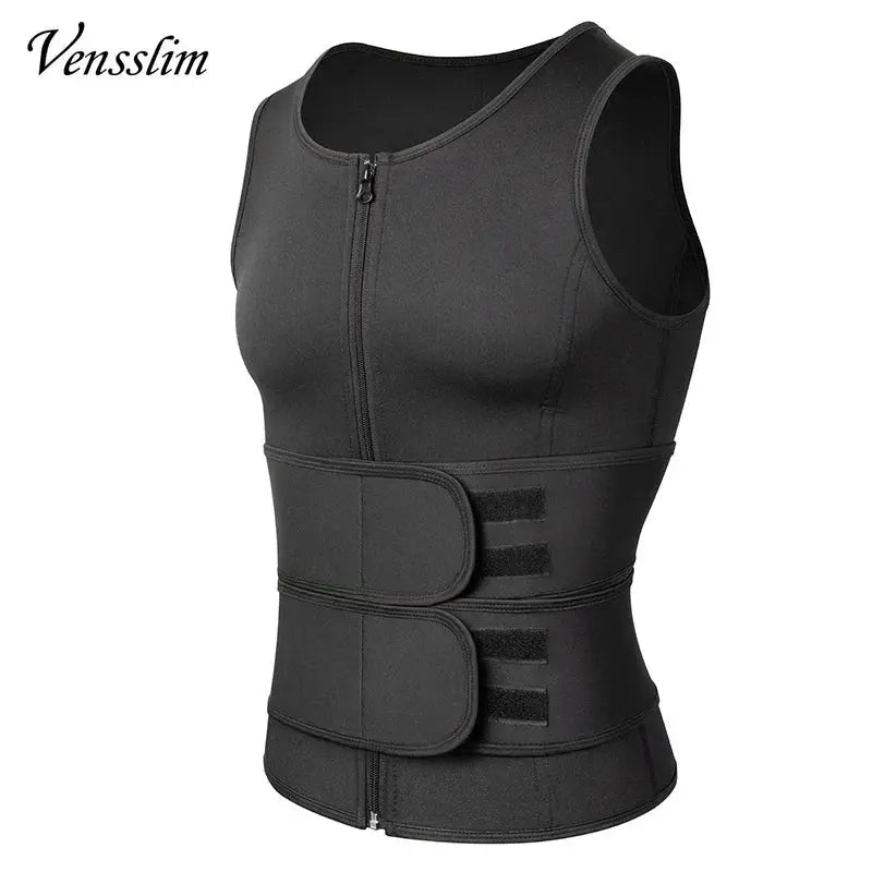 Vensslim men's body shaper waist trainer vest in black with front zipper and dual Velcro straps