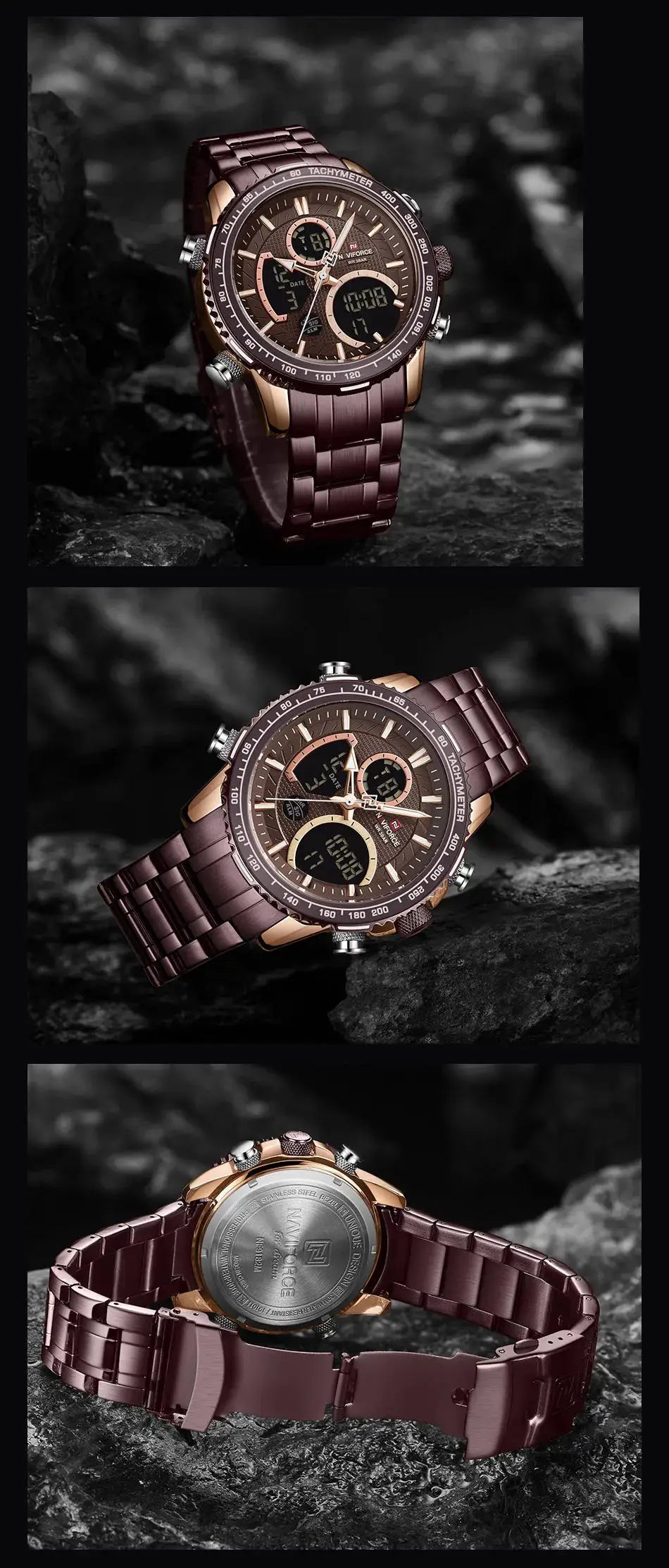 Naviforce men's chronograph sport watch with brown stainless steel band and rose-gold tone case