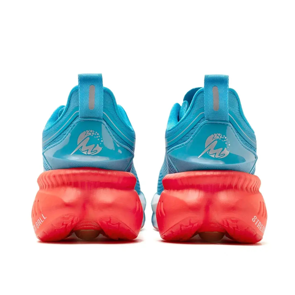 ONEMIX breathable mesh running shoes, blue upper with coral red soles, pair.