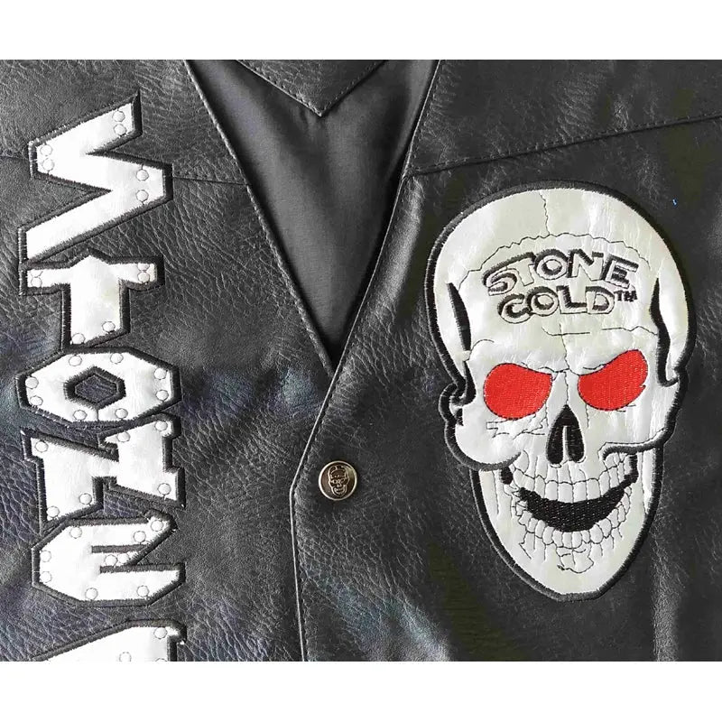 Steve Austin 3:16 Smoking Skull vest, black leather with Stone Cold skull patch and AUSTIN lettering