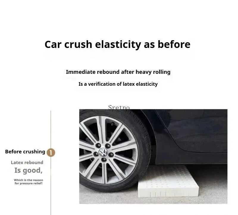 SRETNO natural latex cushion by Simples Market, white floor/chair seat cushion shown in car crush elasticity demo