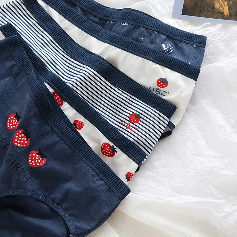 5-pack cotton women’s underwear set with strawberry prints; navy, striped and solid briefs, breathable comfort.