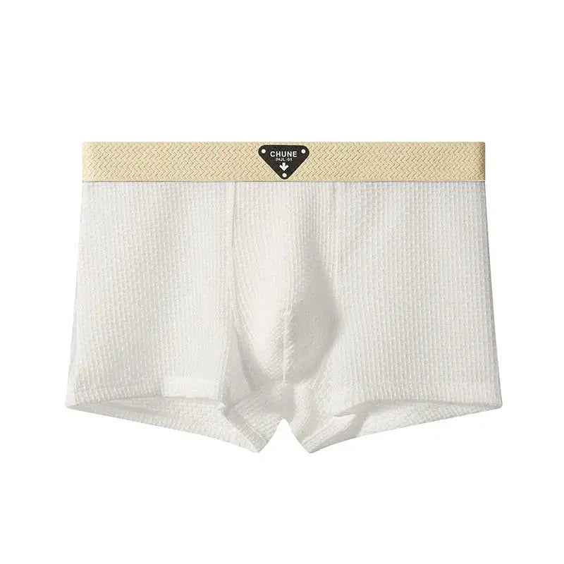 Men's boxer briefs, white with beige CHUNE waistband, satin-like breathable mesh fabric