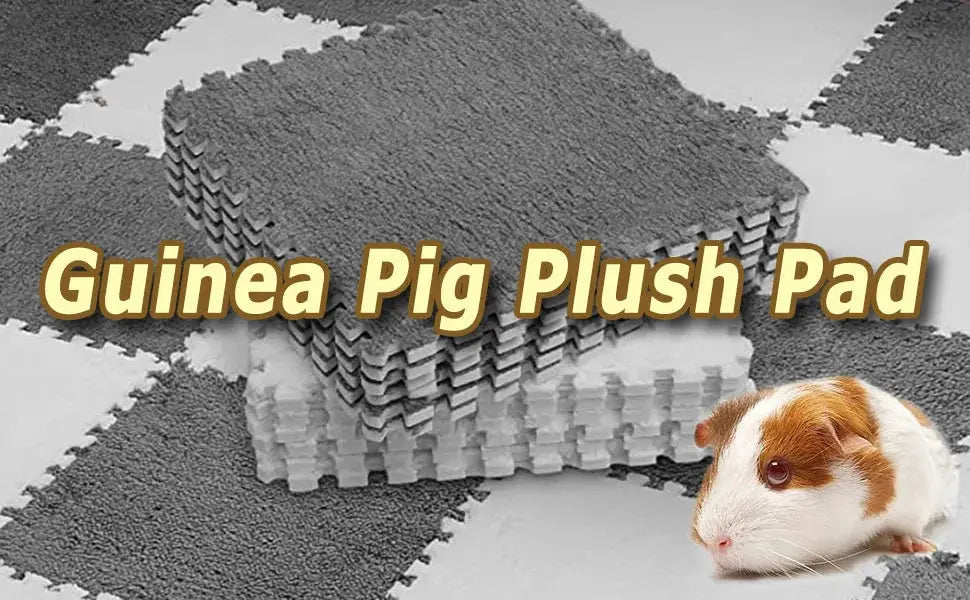 Guinea pig plush pad on gray interlocking EVA foam tiles; 30x30 cm pet sleeping mat