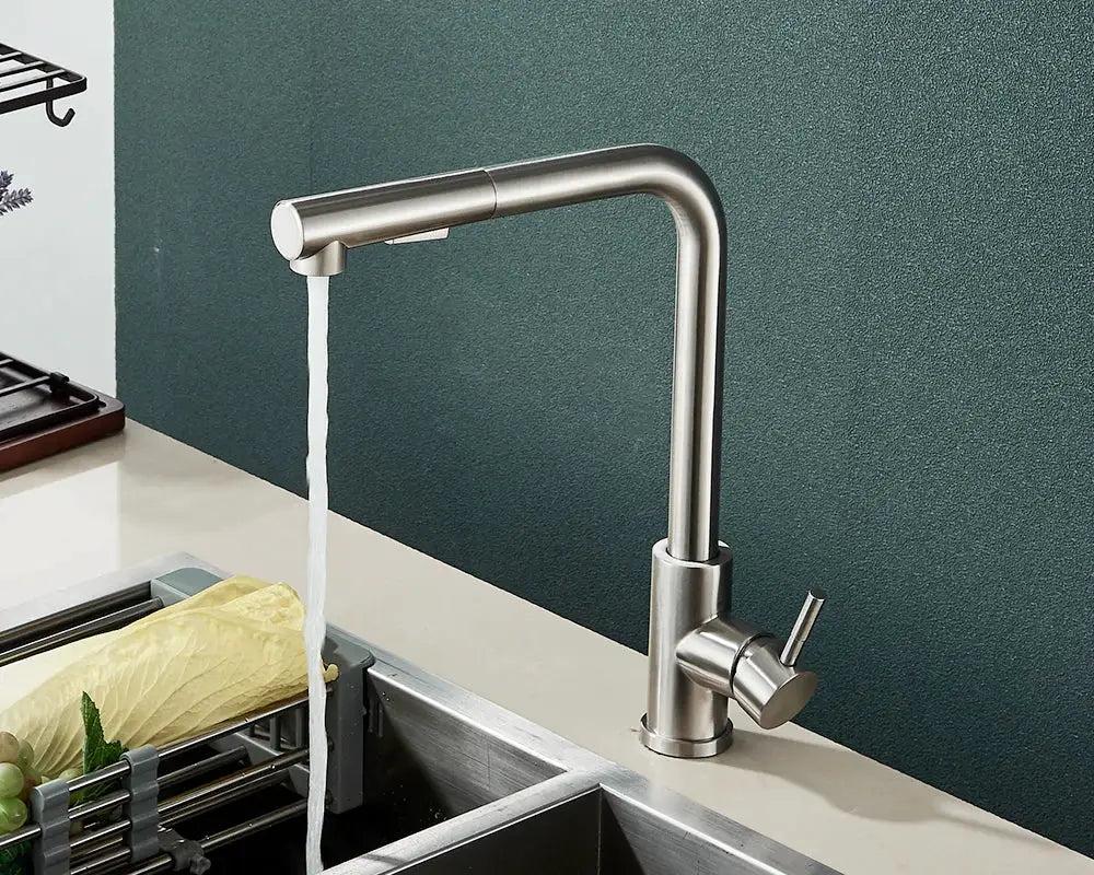 Rozin flexible gourmet kitchen faucet with stainless steel finish, gooseneck spout and side lever