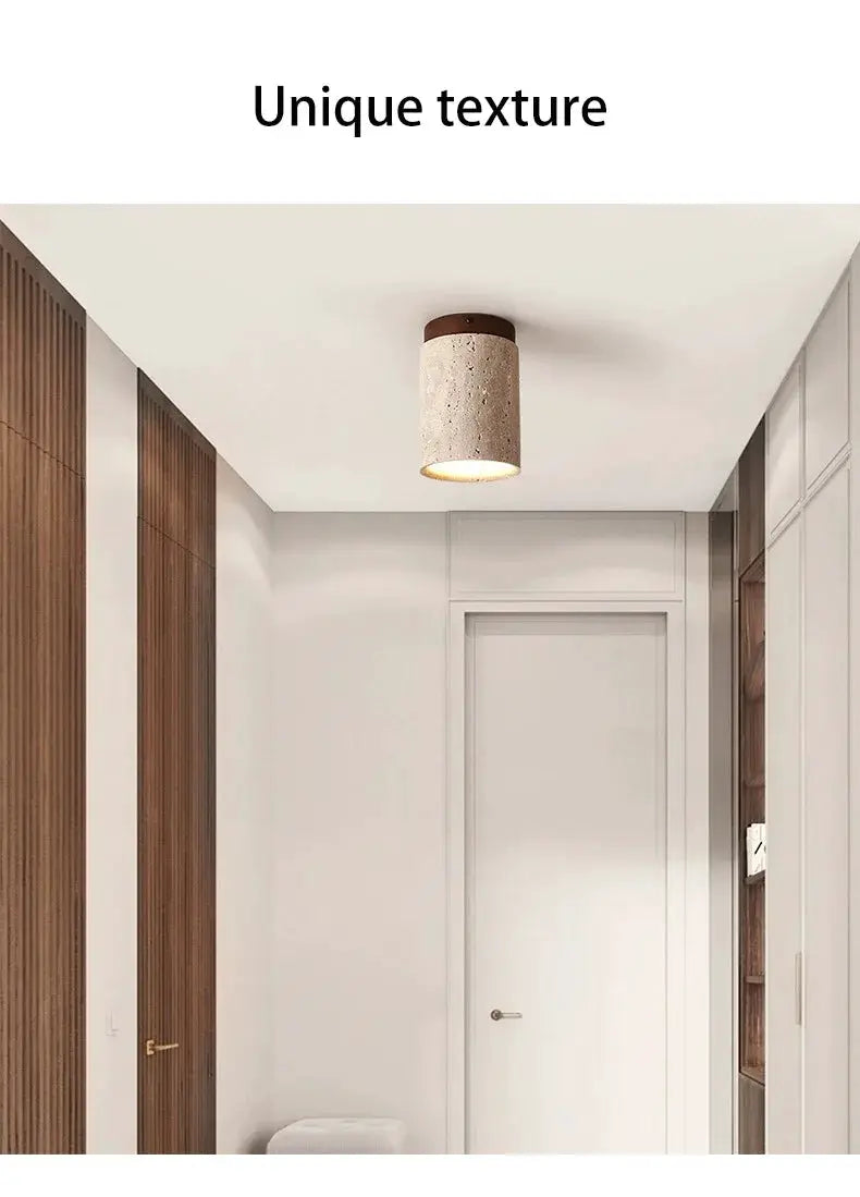 Japanese-style round LED ceiling lamp with stone-wood texture, surface-mounted for living rooms and hallways.