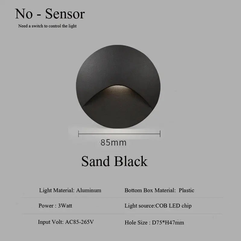 Simples Market Sand Black outdoor recessed wall lamp, IP65 waterproof, 85mm diameter, aluminum body, 3W COB LED