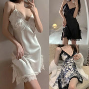 LaceAura Women Lace V Neck Sleepwear Nightdress With Suspender Straps Breathable Lightweight Polyester Comfort