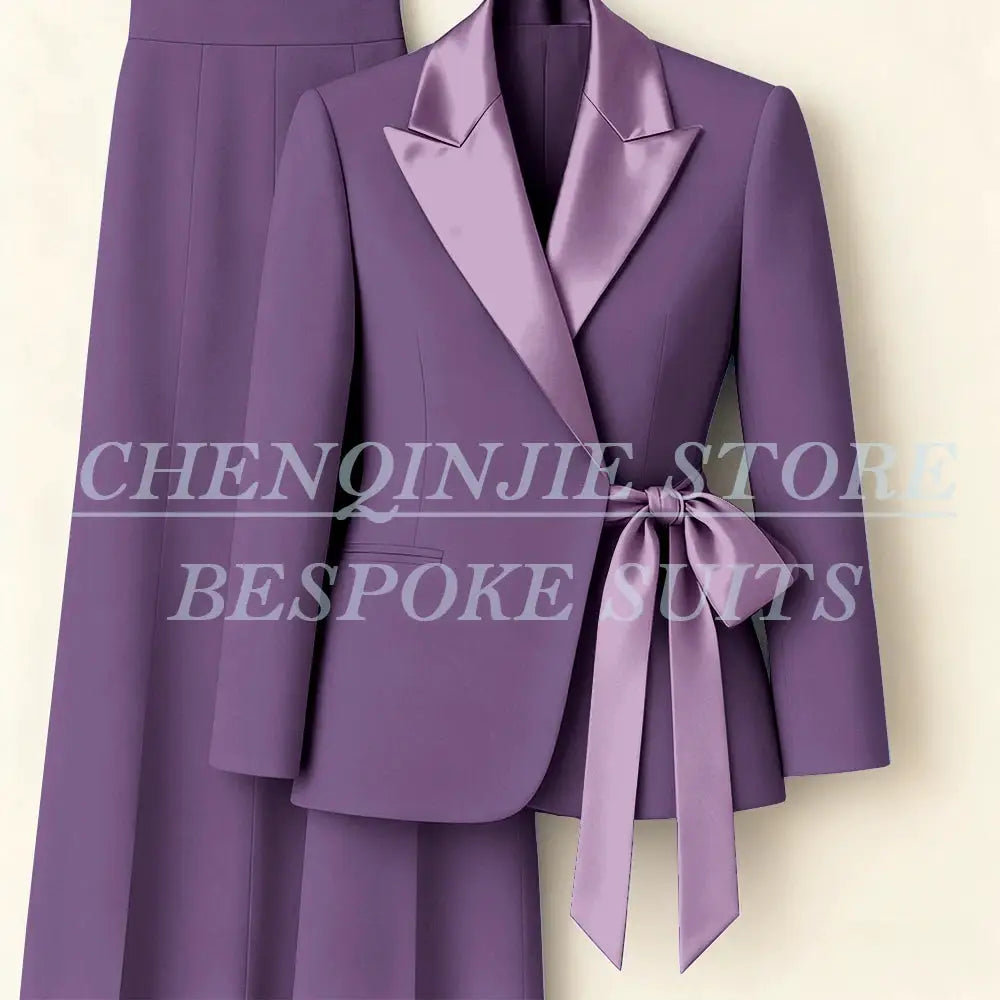Purple women's blazer suit with satin peak lapels and waist tie, 2-piece jacket and pants set