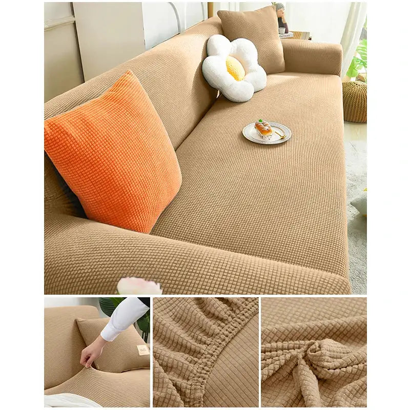 Elastic jacquard sofa cover for 1–4 seat sofas in beige grid-textured stretch fabric