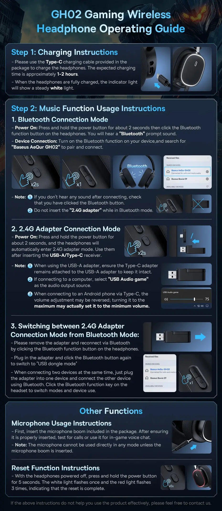 Baseus GH02 gaming wireless headset setup guide poster detailing Bluetooth and 2.4G adapter steps