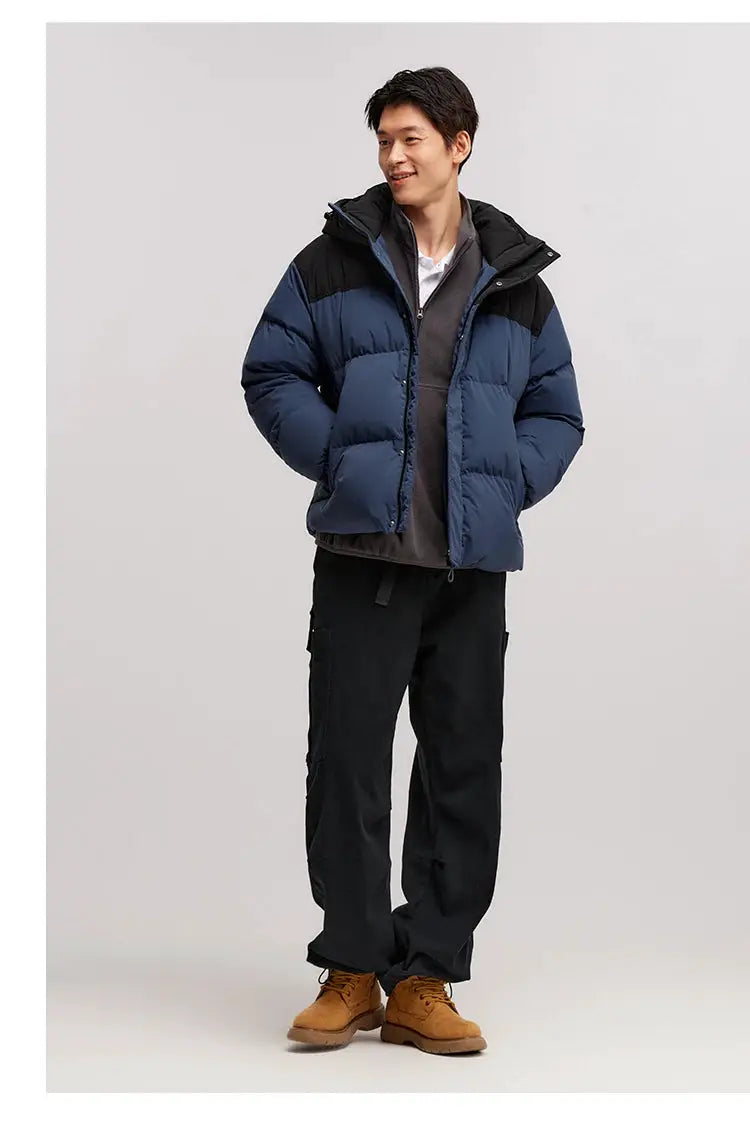 Semir men's blue down jacket with black shoulder panels; waterproof and windproof outerwear by Simples Market.