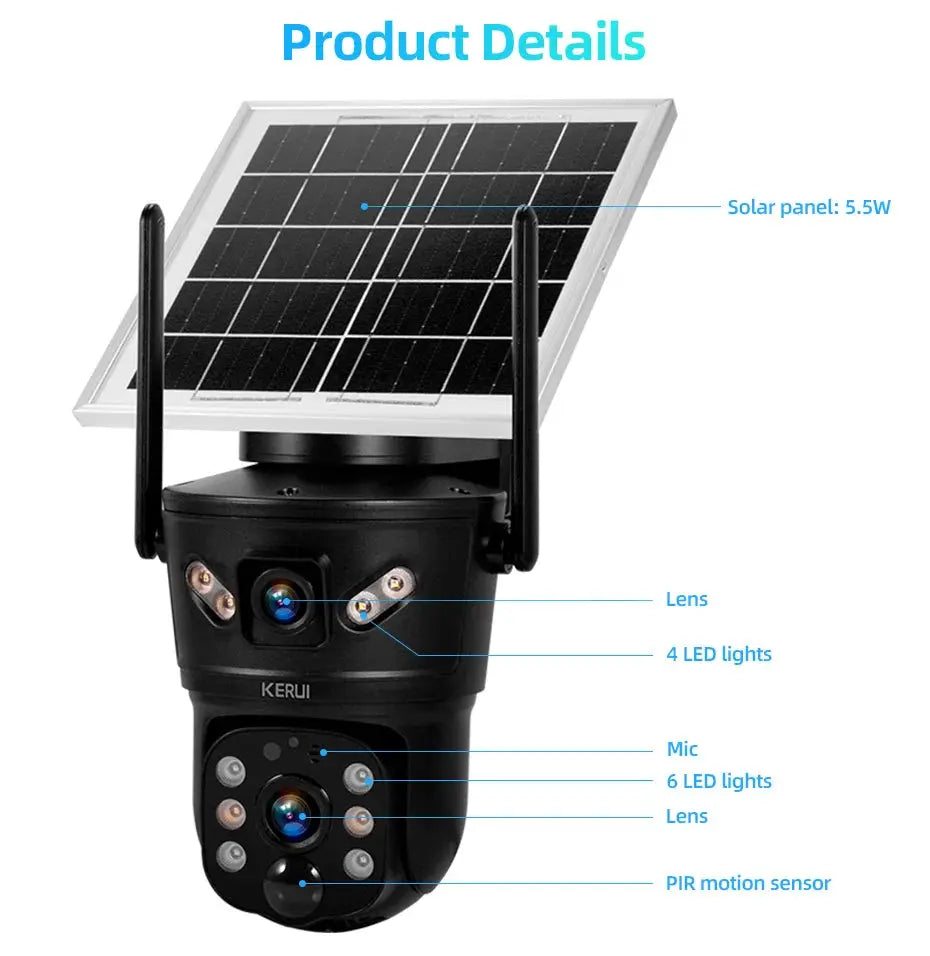KERUI outdoor solar security camera with dual lens, 6MP sensor, 4G SIM WiFi and solar panel