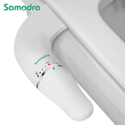Samodra ultra-slim bidet attachment for toilet seat; dual nozzle, white plastic, adjustable water pressure