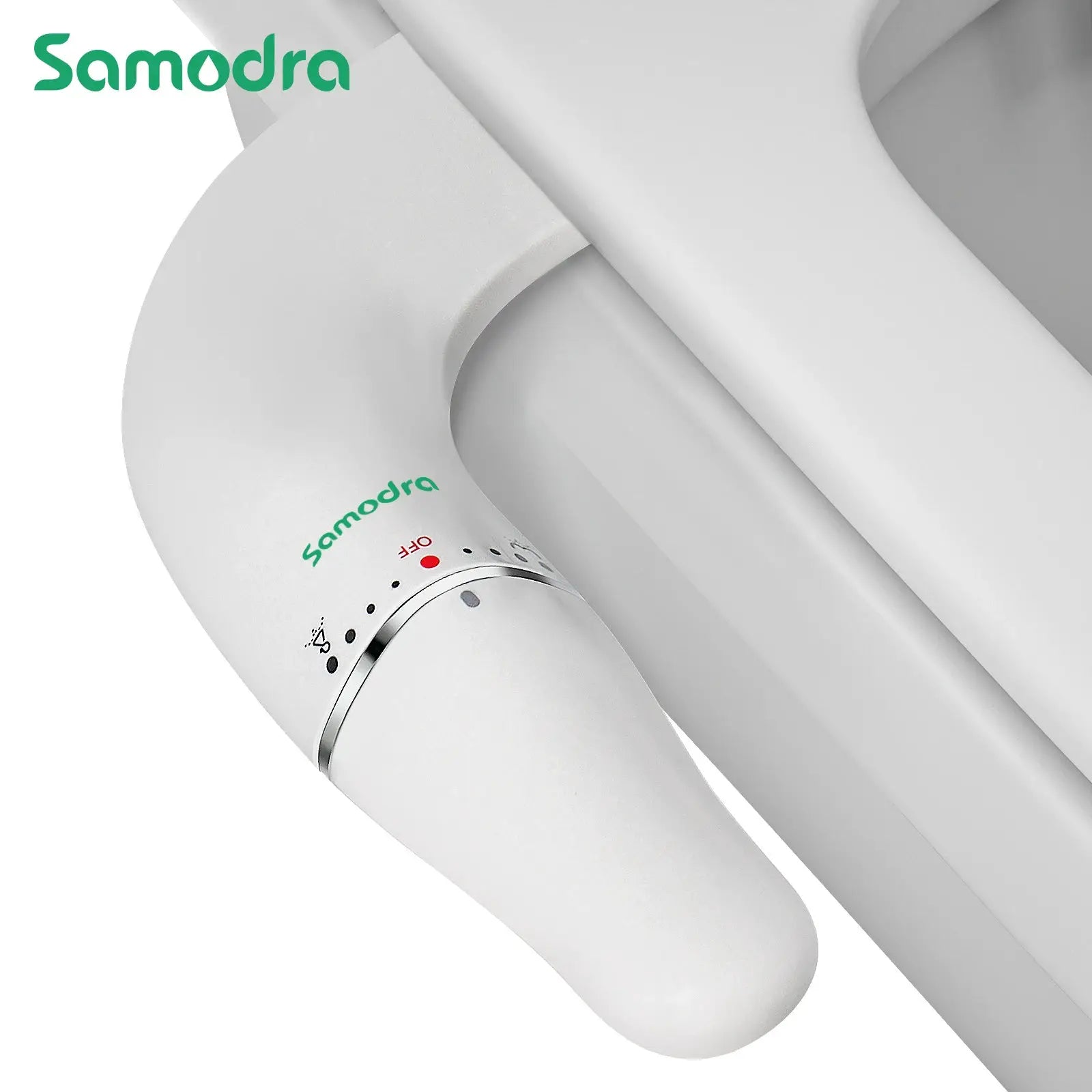 Samodra ultra-slim bidet attachment for toilet seat; dual nozzle, white plastic, adjustable water pressure
