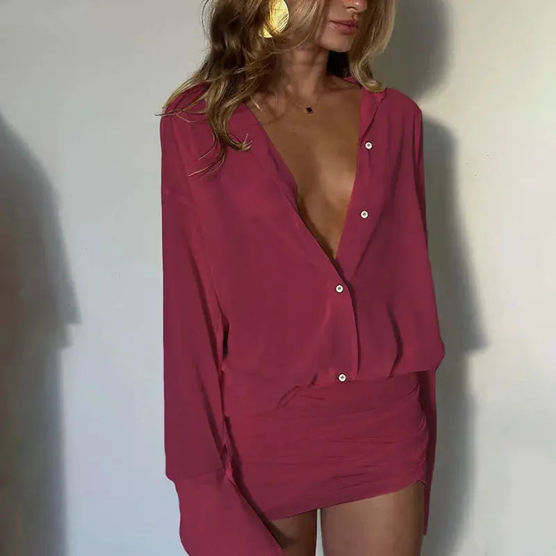 See Through Mini Dress With Flare Sleeves Ruched Bandage Club Party