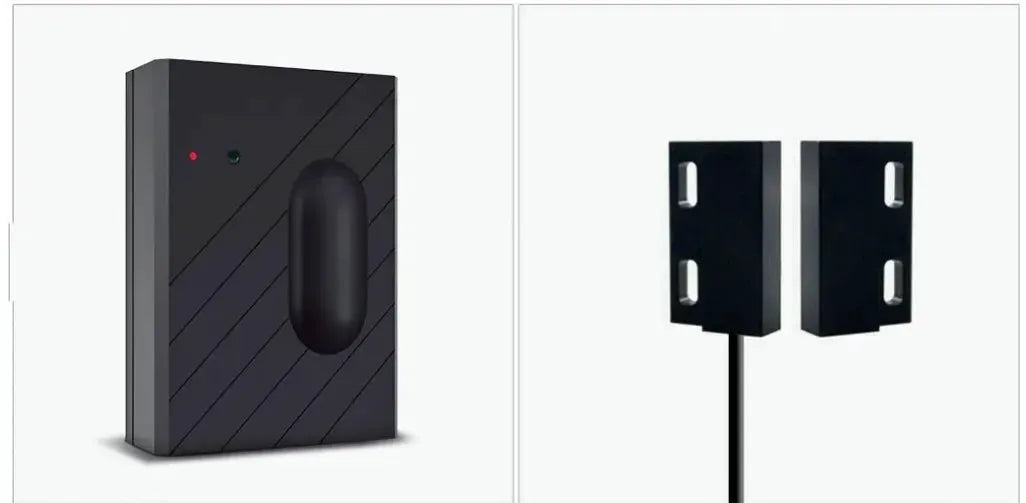 Simples Market smart garage door opener in black with two sensor brackets