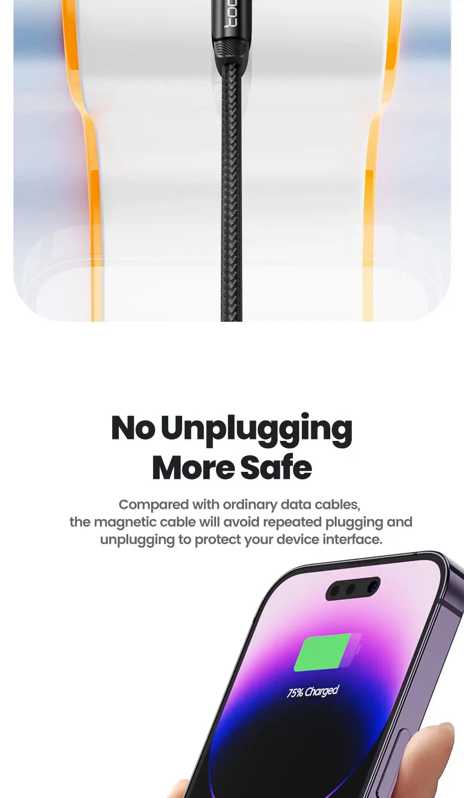 Toocki 540 rotate magnetic USB-C charging cable, black braided data wire with magnet connector