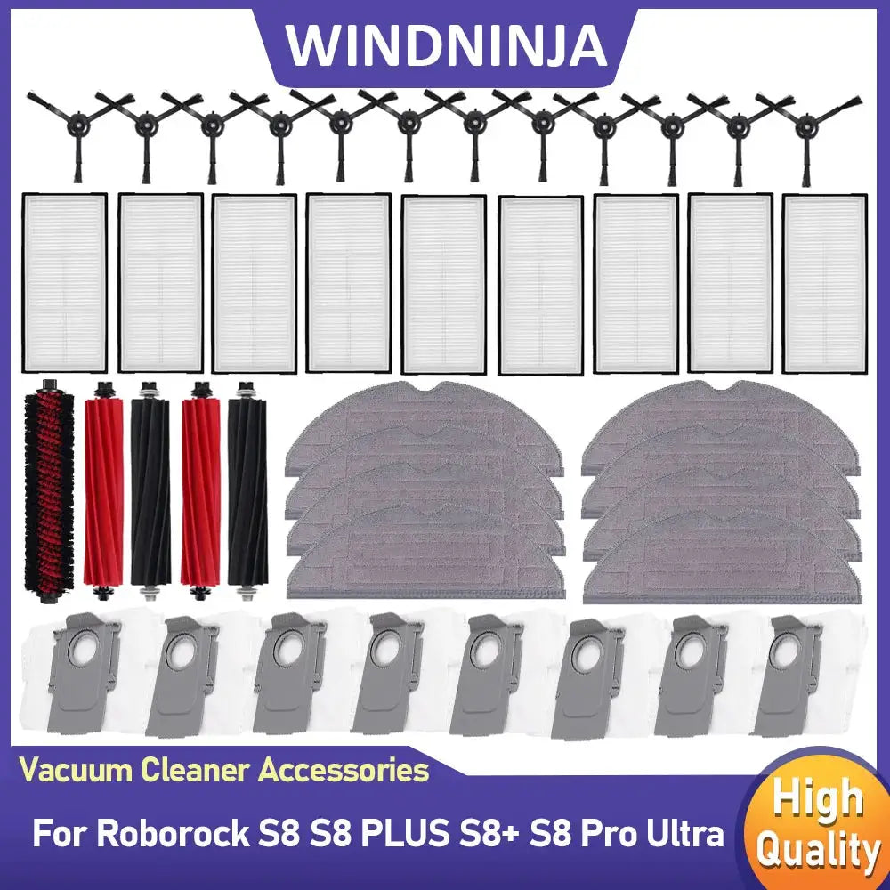 Windninja Compatible Roborock S8 S8 Plus S8 Pro Ultra Main Brush Side Brush HEPA Filter Mop Cloths Dust Bags Kit