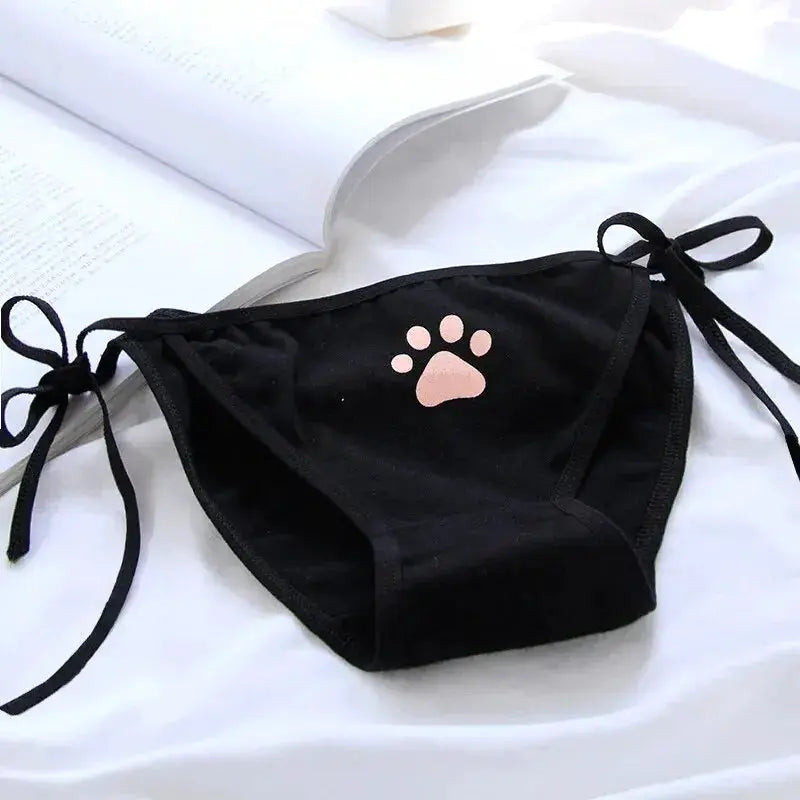 Simples Market Women's cotton panties, black with pink paw-print and side tie straps.