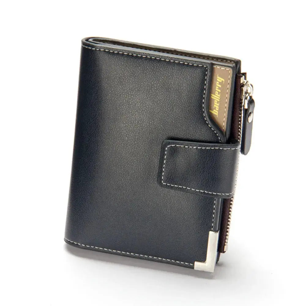 Baellerry short luxury men's wallet with card holder, zipper coin pocket, black leather, white stitching, Simples Market.