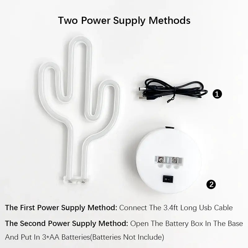 Cactus neon sign lamp by Simples Market, three-piece set with USB cable and battery base, white LED