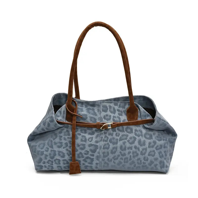Leopard print PU leather shoulder bag with blue-grey body and brown handles