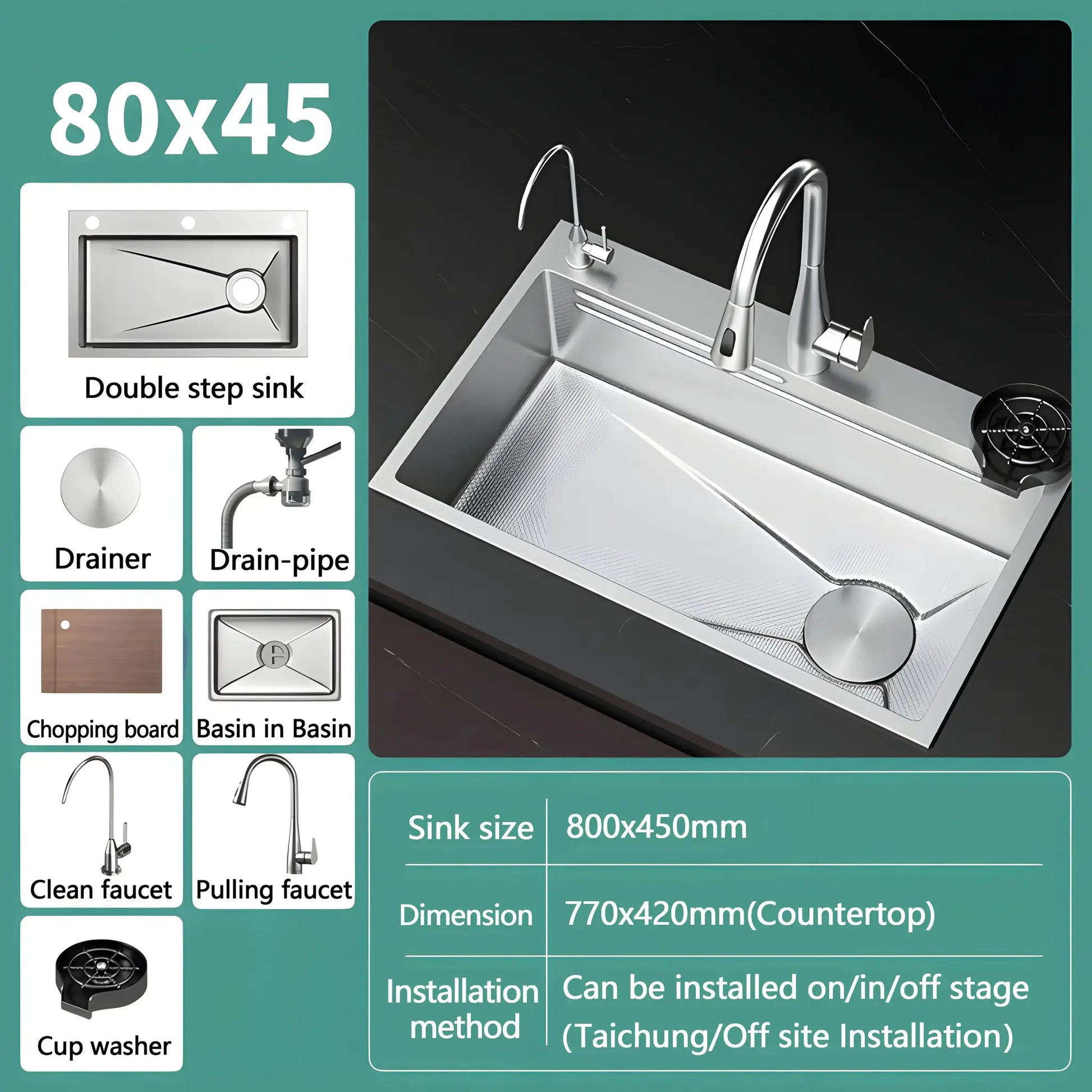 Simples Market 304 stainless steel kitchen sink, silver, large single-basin with draining board
