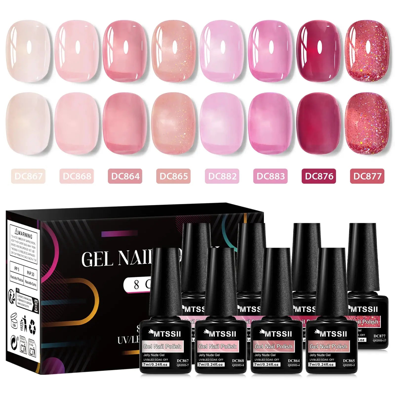8-piece Simples Market nude jelly gel nail polish set with box; UV/LED soak-off, pink nude shades