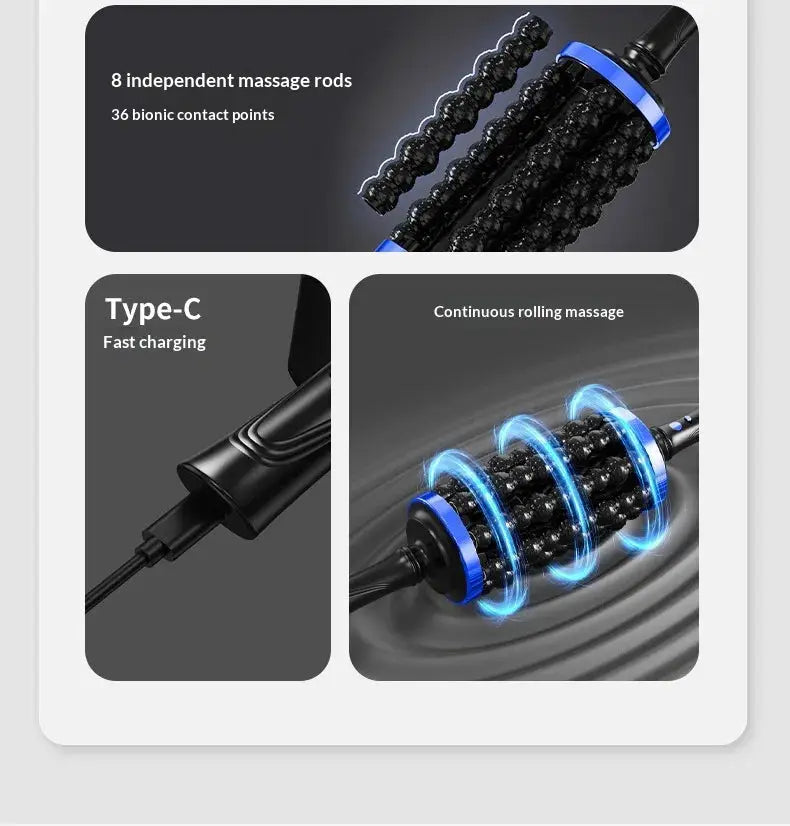 Rechargeable rolling percussive massager by Simples Market, black handheld roller with blue accents and 72 massage points.
