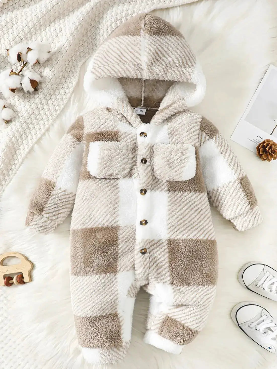 Unisex Plaid Plush Romper With Hooded Long Sleeves Jumpsuit For Winter Warmth 3 To 24 Months