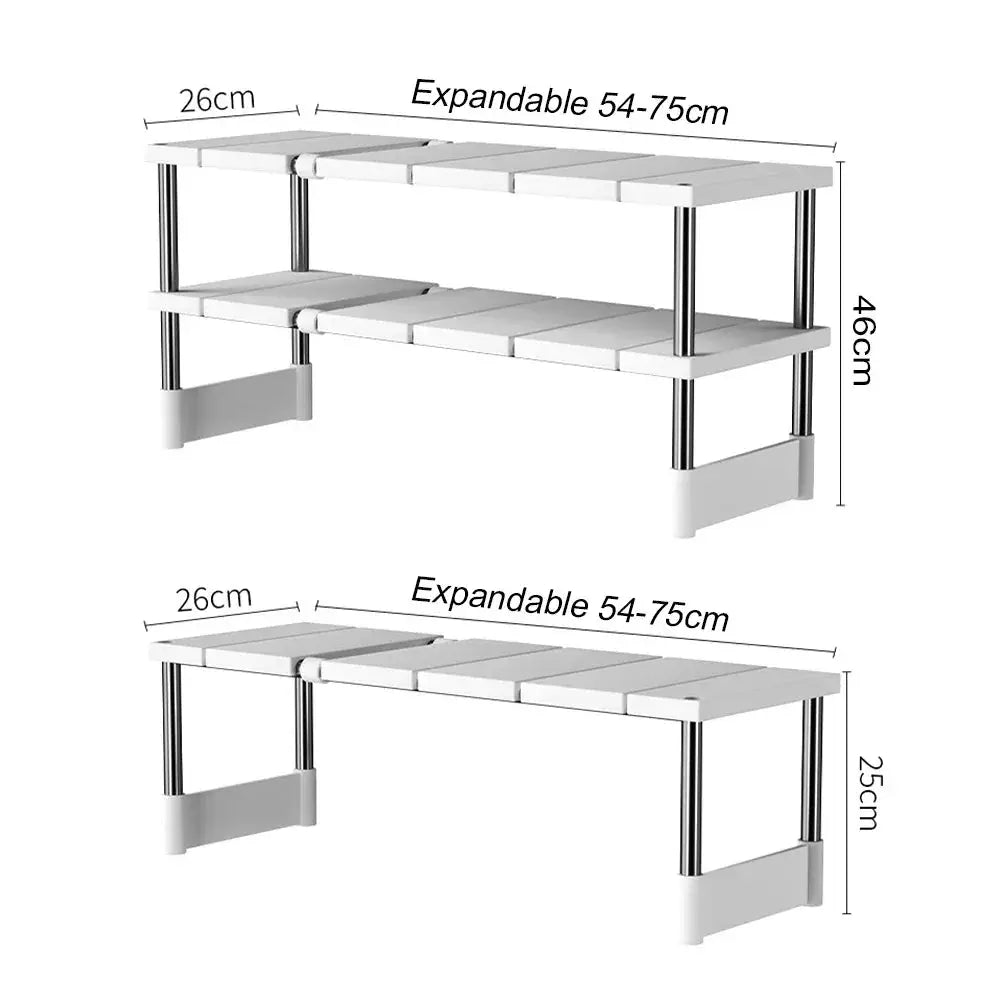 Stackable wardrobe storage rack by Simples Market with white shelves and chrome poles, expandable to 54–75 cm.