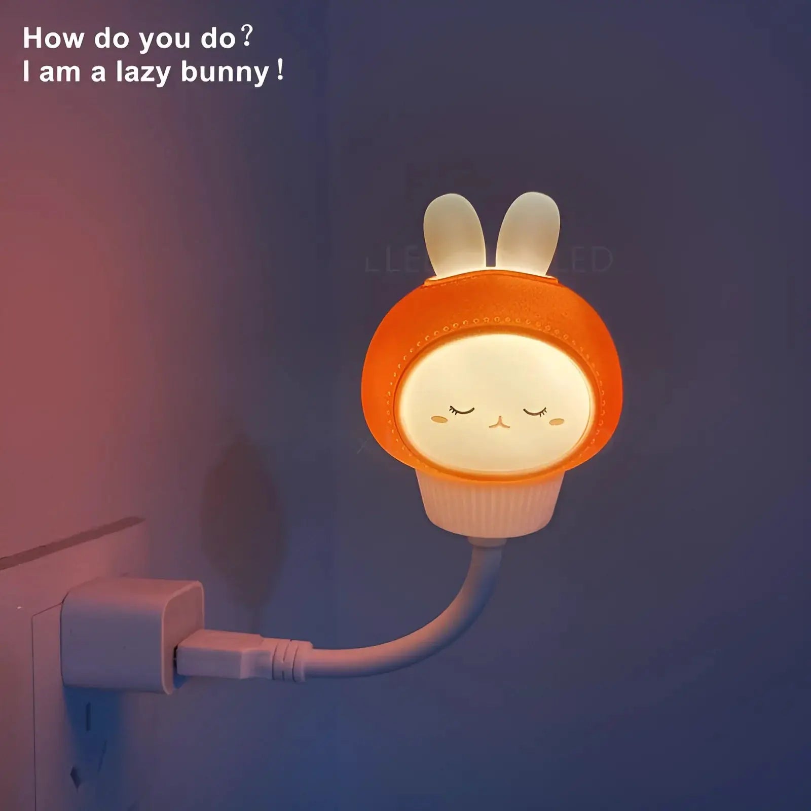 USB night light with orange bunny-face and white ears on a flexible neck