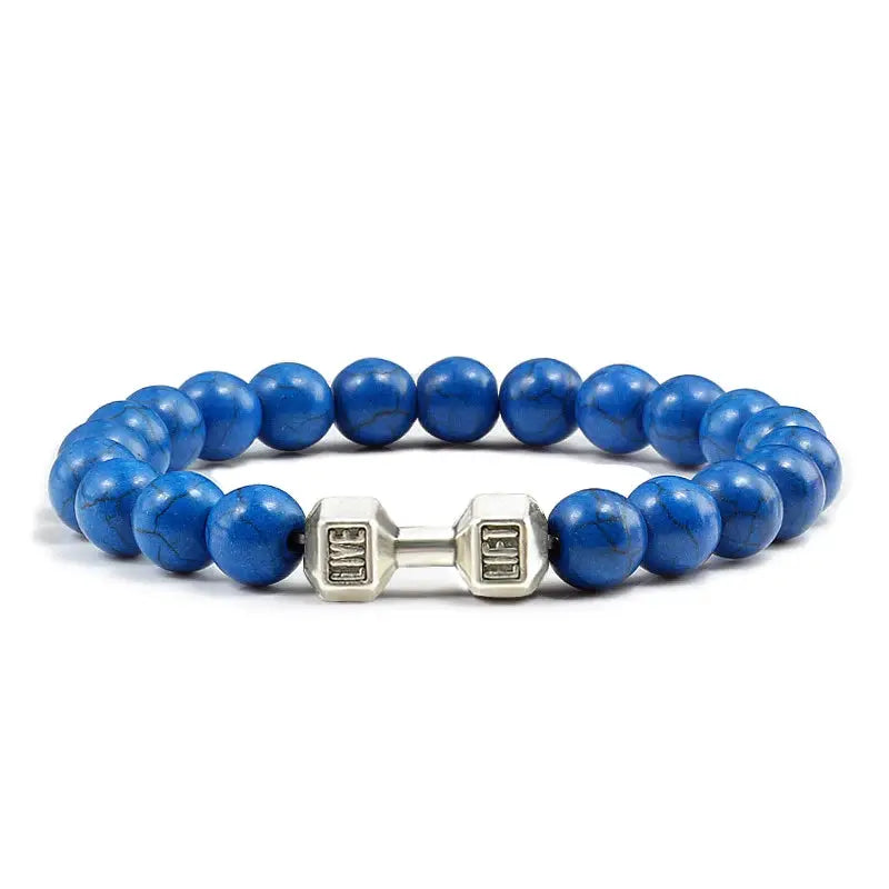 Natural Volcanic Stone Bracelet For Men And Women Matte Black Lava White Beads Dumbbell Charm Strand Fitness Jewelry