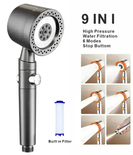 9-in-1 shower head by Simples Market with built-in filter and stop button, multiple spray modes