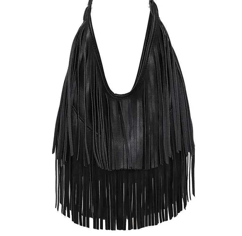 Simples Market long tassel fringe hobo handbag in black soft PU leather.