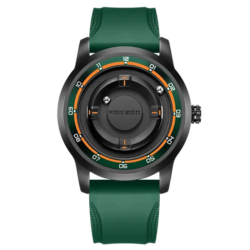 FOXBOX watch with green strap and black case, orange-green rotating dial ring