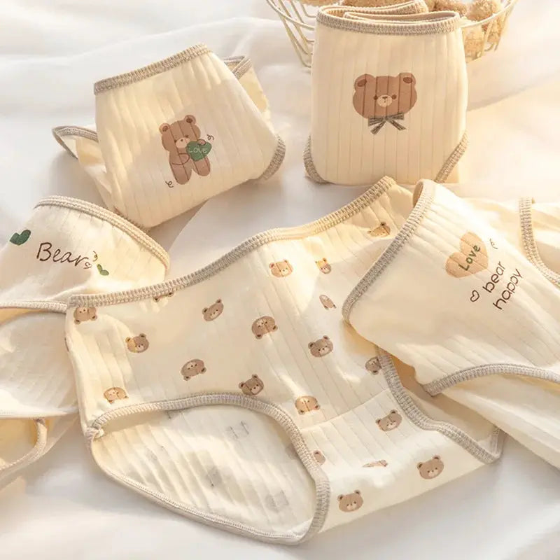 5Pcs cotton womens underwear set with bear-print briefs in cream Simples Market