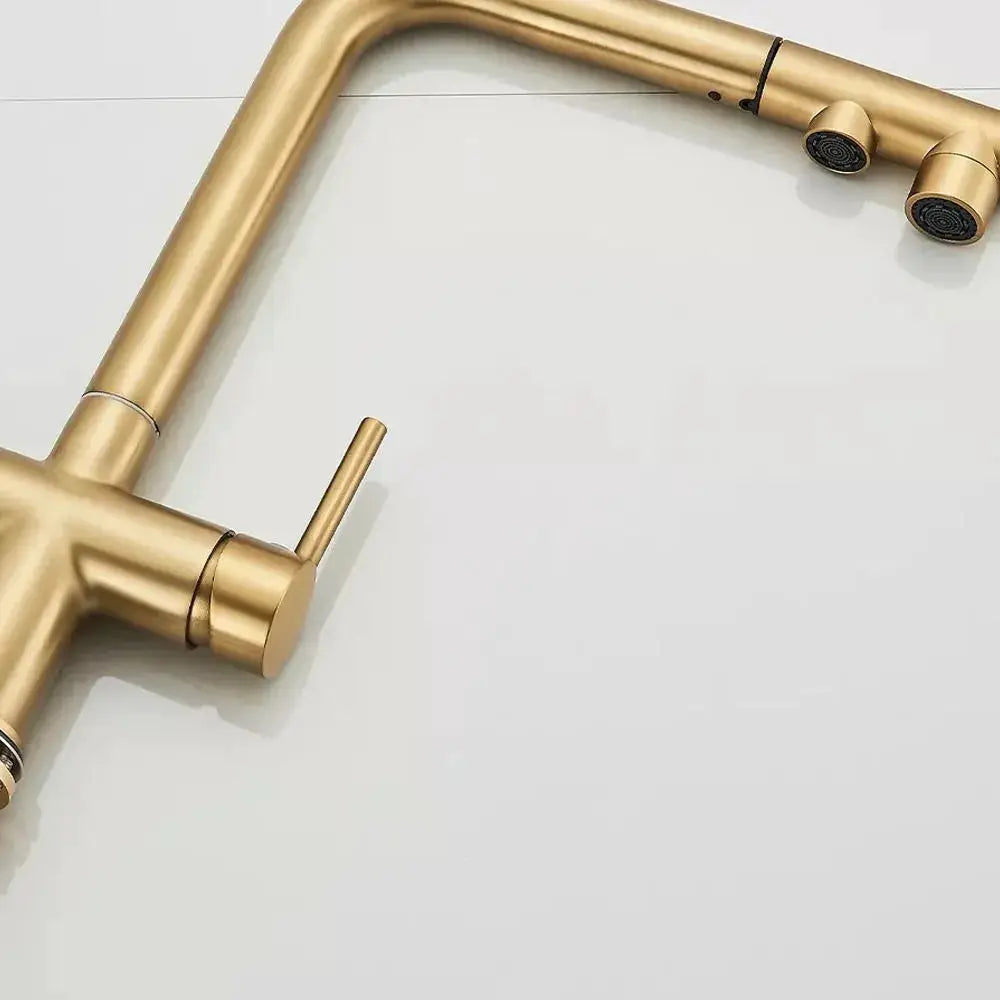 Brass kitchen pull-out filtered faucet with dual spray heads and 360° rotation
