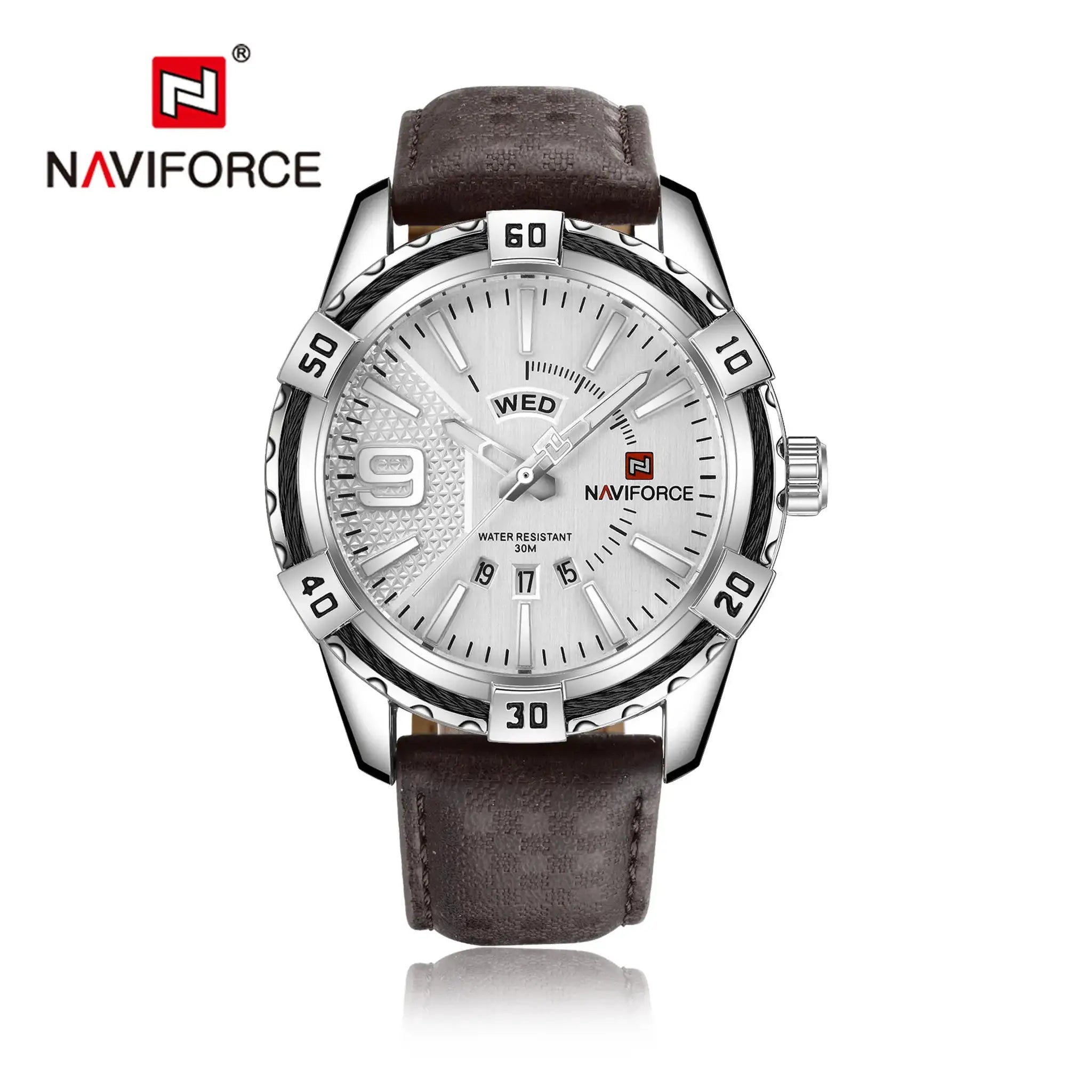 Naviforce men's luxury wristwatch with brown leather strap and steel case, water resistant 30m