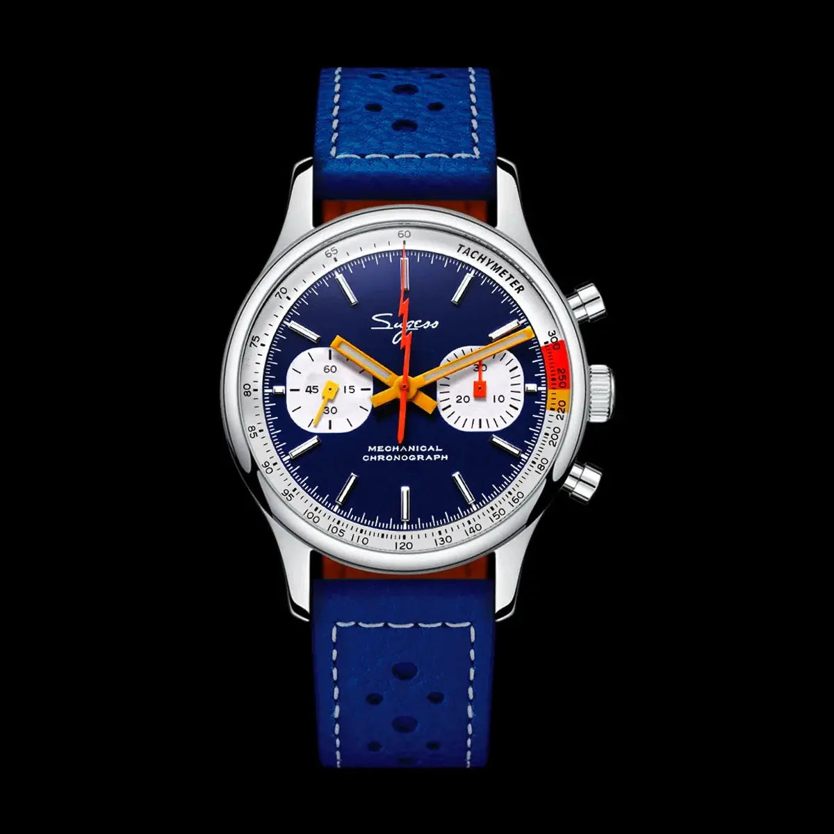 Sugess chronograph watch for men with blue dial, sapphire crystal, stainless steel case, and blue perforated strap.
