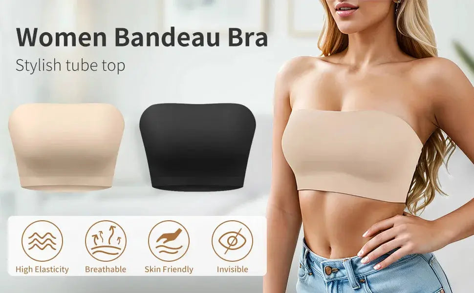 Simples Market Women Bandeau Bra strapless tube top in beige and black silicone with high elasticity