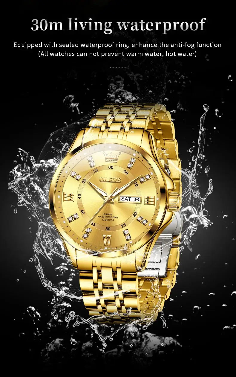 OLEVS gold stainless steel men's luxury quartz watch with day-date calendar, 30 meters water resistant