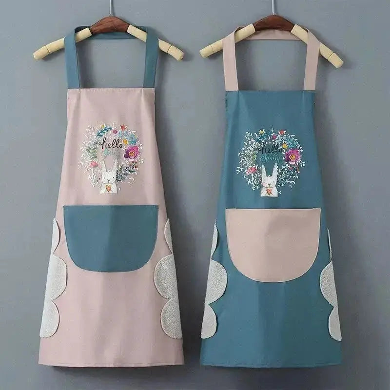 Simples Market two-pack women's rabbit-print kitchen aprons, oil-proof and waterproof, teal and pink with front pockets