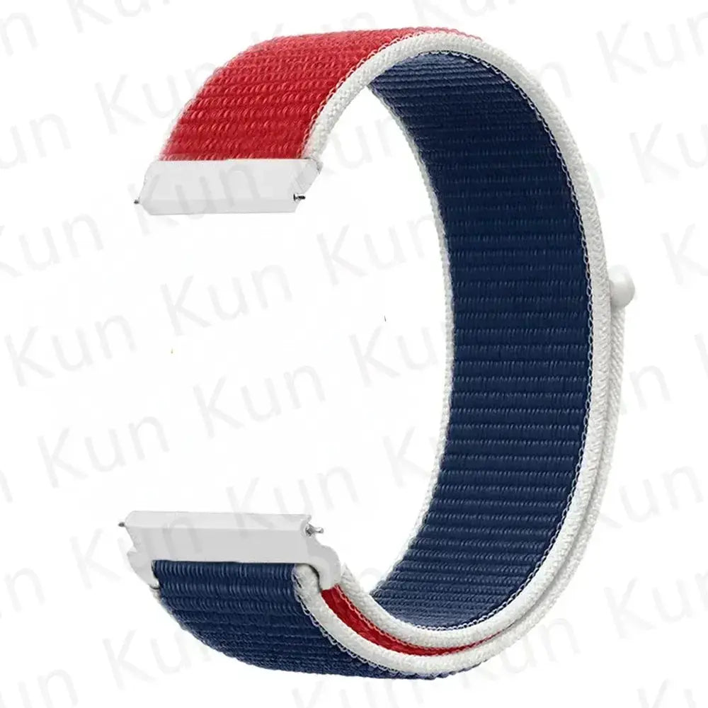 Nylon loop watch strap for Redmi Watch 5 Active/Lite and Xiaomi Watch S4, two-tone red and navy, 20mm/22mm.