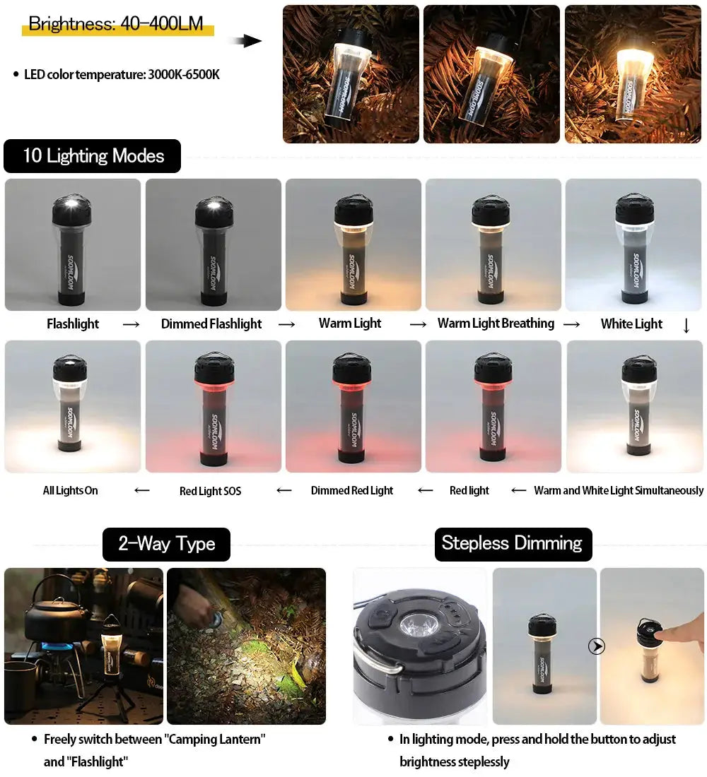 Soomloom Camping Lantern 5000mAh rechargeable outdoor waterproof LED lantern with 2-way design and 10 lighting modes.