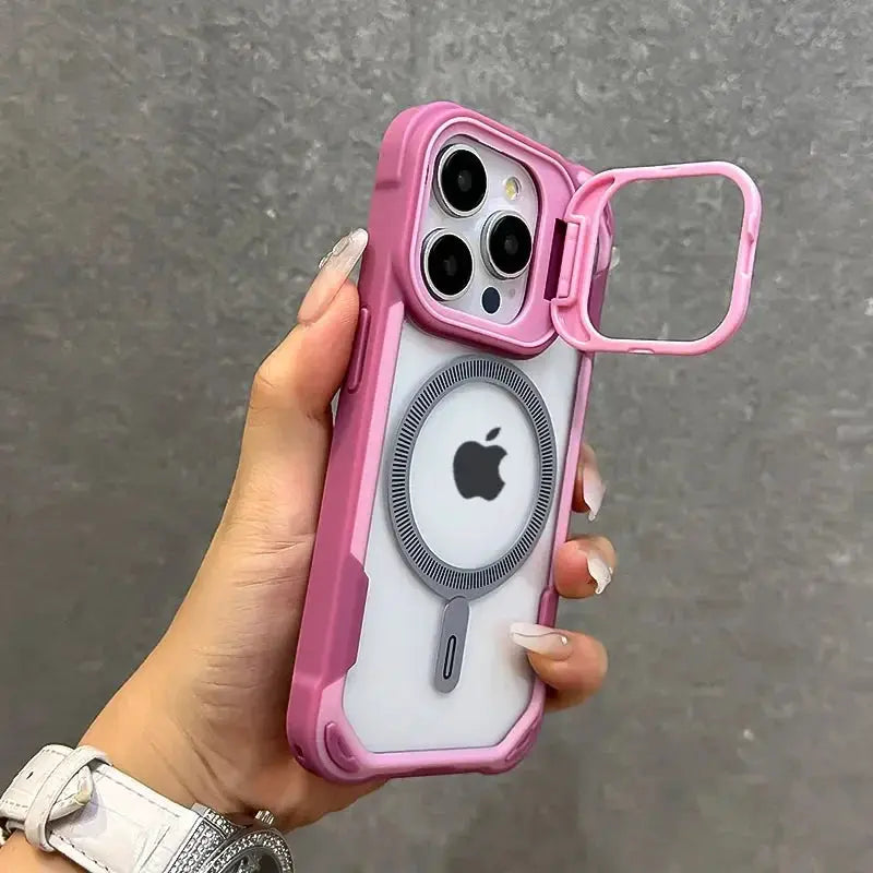 Pink rugged MagSafe case with fold-out lens stand for iPhone 12–16 Pro/Max