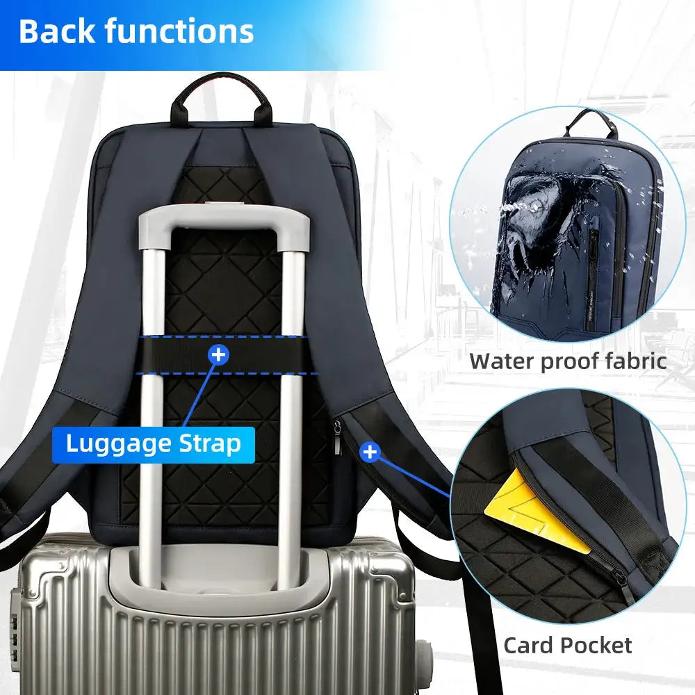 HK Slim Backpack for men, navy waterproof 15.6-inch laptop bag with luggage strap and card pocket